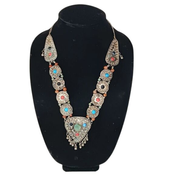 VTG Bohemian Large Statement Necklace Silvertone Faux Turquoise & Coral Ethnic - Picture 1 of 12